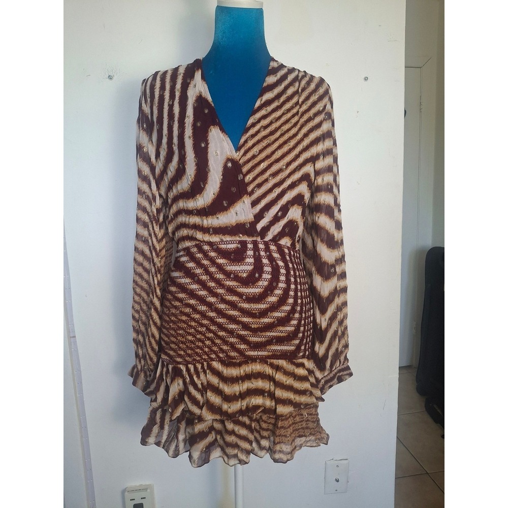 Rococo Sand Zebra Print Smocked Waist Metallic Fil Coupe Mini Dress Brown Medium